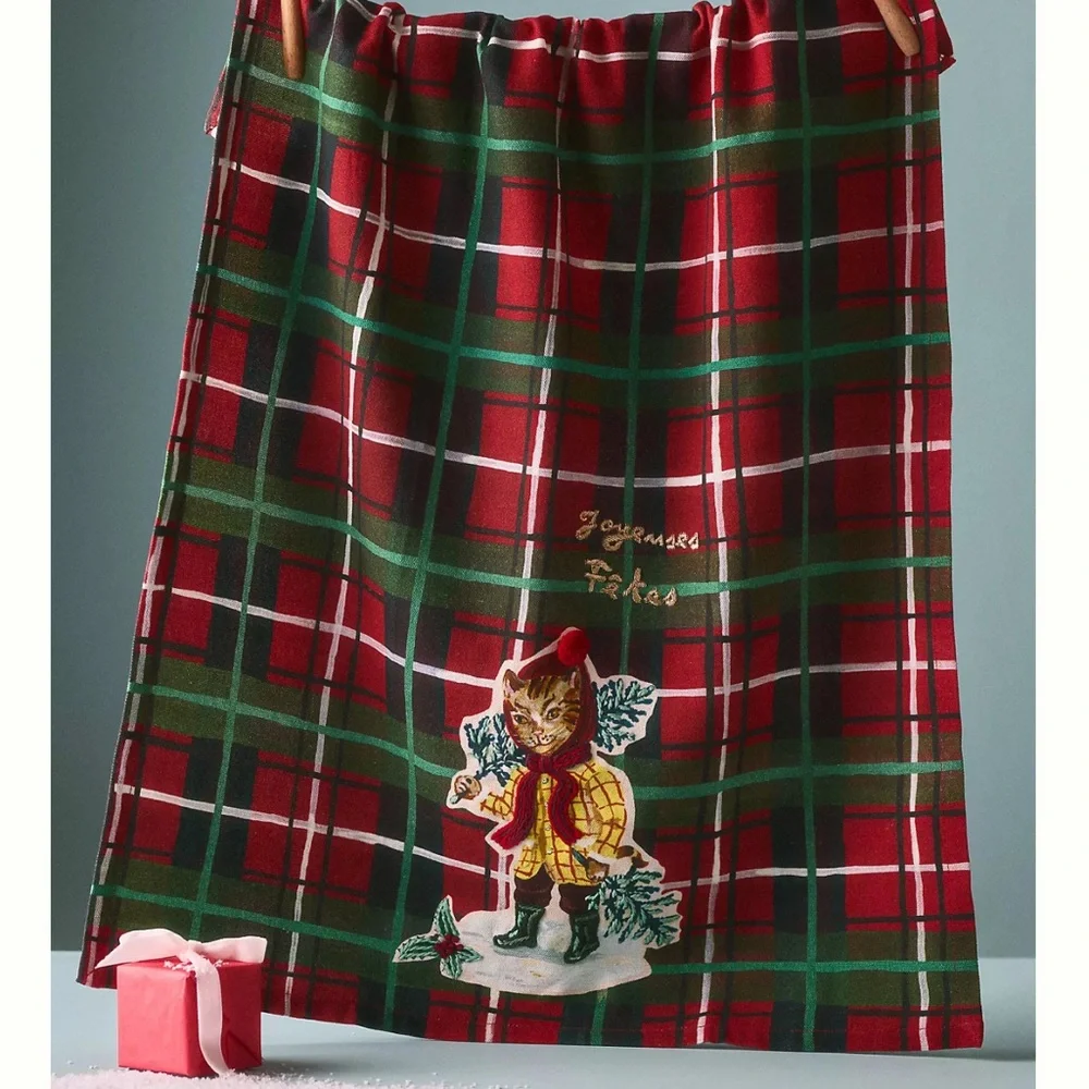 New Anthropologie Nathalie Lete Holiday Dish Towel Cat Christmas